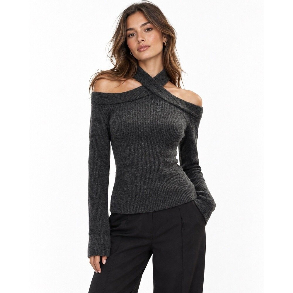 Anthropologie Moth Cross-Front Pullover Charcoal Gray Cutout Shoulder Sweater M